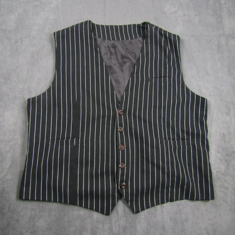 Pinstripe Vest Mens XL Black White Cotton Cinch Back Waistcoat Wedding